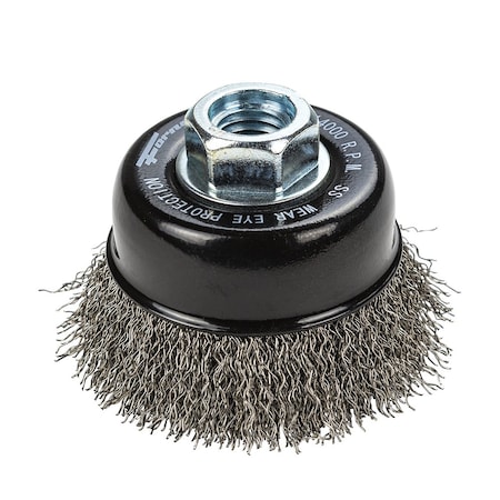 Forney Command PRO Cup Brush, Crimped, Stainless Steel, 2-3/4 in x .014 in x 5/8 in-11 72801